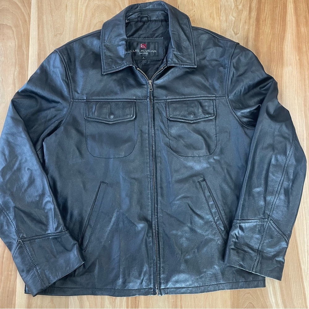 Luis Alvear Large Black Biker Leather Jacket Flap Pockets